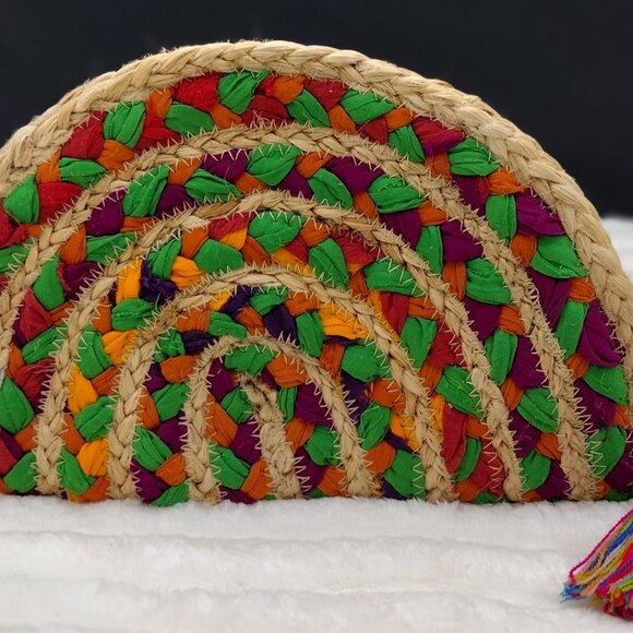 America & Natural Woven Jute Multicolor Rainbow Boho Clutch | 12” | Resort Style - Picture 2 of 11
